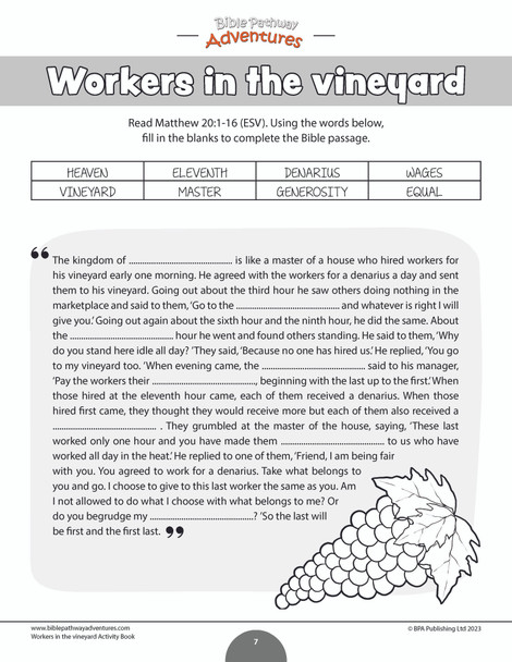 Bible Parable: Workers in the Vineyard workbook