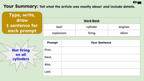 Not Firing on All Cylinders Figurative Language Reading Passage and Activities