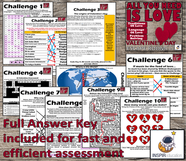 Valentine's Day ESCAPE ROOM: 10 Challenges, Resources and Answer Key