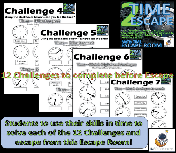 MATH ESCAPE ROOM: TIME Analogue, digital, 24-hour clock, problem solving (12 Challenges, Answer Key)