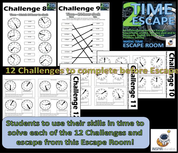 MATH ESCAPE ROOM: TIME Analogue, digital, 24-hour clock, problem solving (12 Challenges, Answer Key)