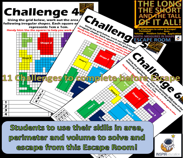 ESCAPE ROOM: MATH Perimeter, Area and Volume - Simple and Compound Shapes (12 Challenges and Answer Key)