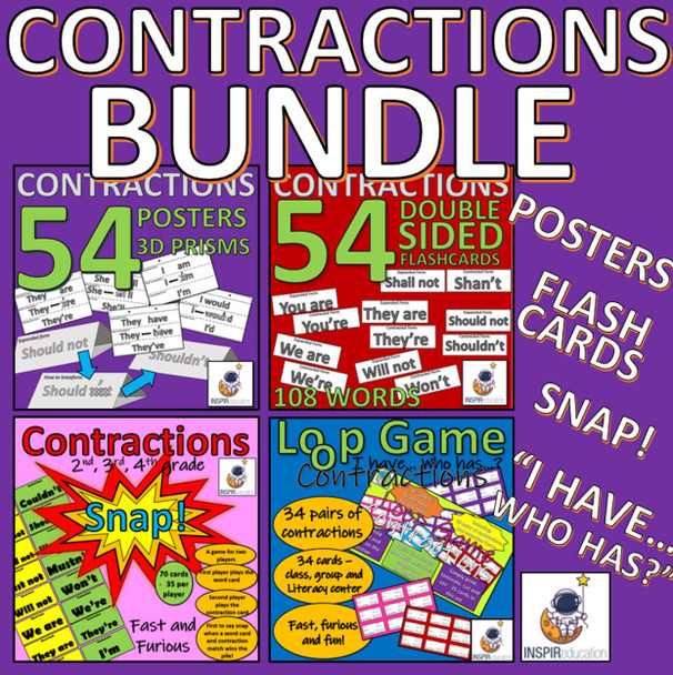 ELA CONTRACTIONS BUNDLE: 54 Posters, 54 Flashcards, Snap Game, I have...Who has?