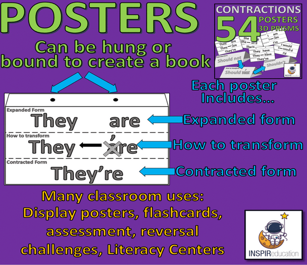 ELA CONTRACTIONS: 54 Posters, and 3D Prisms - Expanded and contracted forms