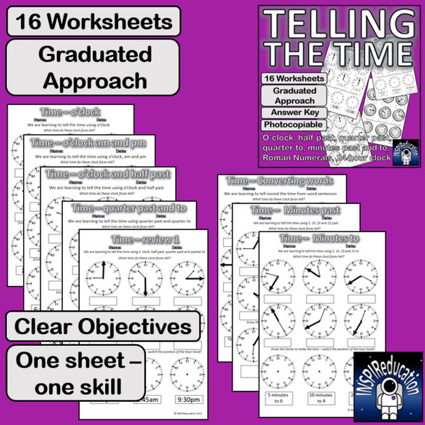 MATH: Telling the time BUNDLE, worksheets, clock face display, Answer Keys