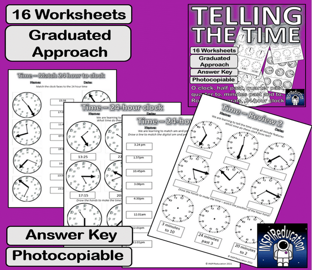 MATH: TIME PROBLEM SOLVING, reading clock faces, 16 Worksheets, Answer Key, Growing Complexity