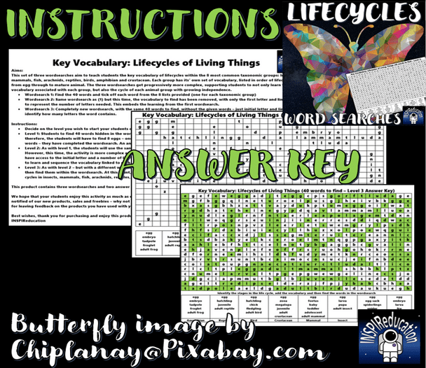 SCIENCE Life Cycles - 3 Word Searches - Levelled, Instructions and Answer Keys