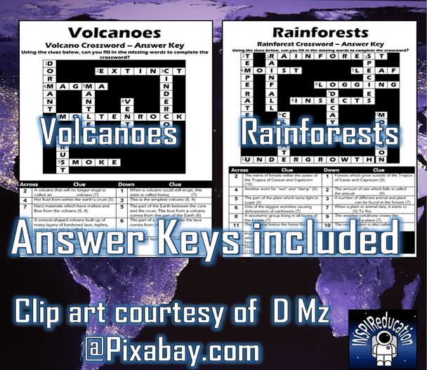 Geography Crosswords: Volcanoes, Oceans, Rainforests, Continents, Deserts (Answer Key included)
