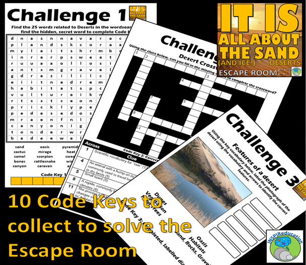 Geography ESCAPE ROOM: DESERTS - 10 Challenges, Resources, Student Workbook, Answer Key