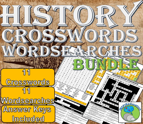 World History Crosswords and Wordsearch BUNDLE: 11 Time Periods, 22 Resources, Answer Key - Print and Go!