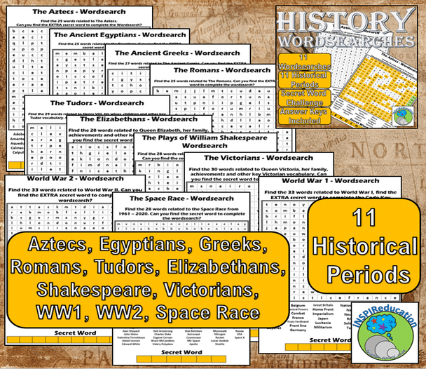 World History Wordsearches: 11 Time Periods, 11 Wordsearches, Answer Keys, Print and Go!