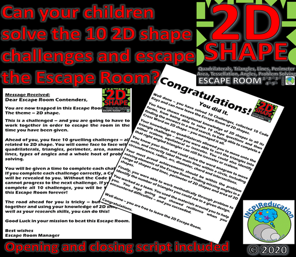 MATH ESCAPE ROOM: 2D SHAPE - 10 Challenges, Resources, Student Workbook, Answer Key