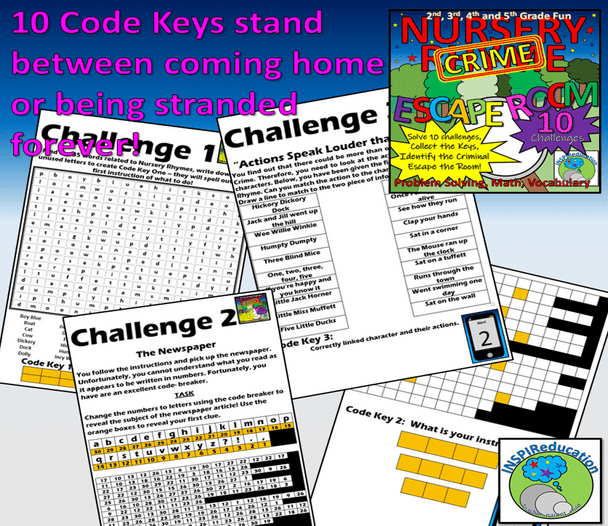 ELA ESCAPE ROOM: Nursery Crime - 10 Challenges, Student Workbook, all resources, Answer Key