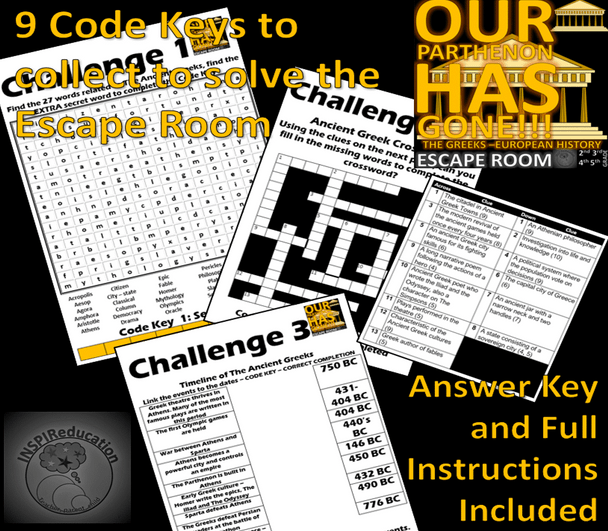 History ESCAPE ROOM: Ancient Greeks - Civilisation, 9 Challenges, Resources, Answer Key, Student Workbook