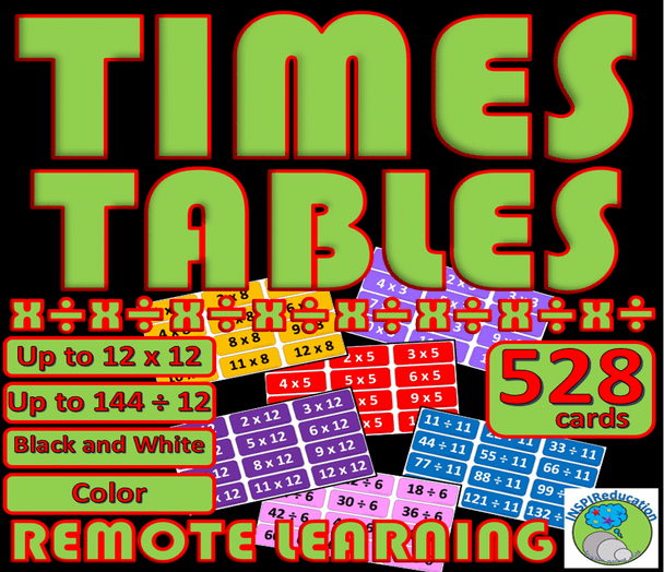 MATH Times Tables and Division facts - 528 Flashcards, Print, cut and play (up to and including 12 x 12)