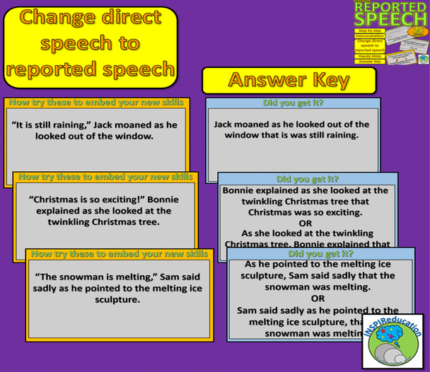 WRITING: Teaching Reported Speech, Demonstration, Examples, Slides, Answer Key and Hints