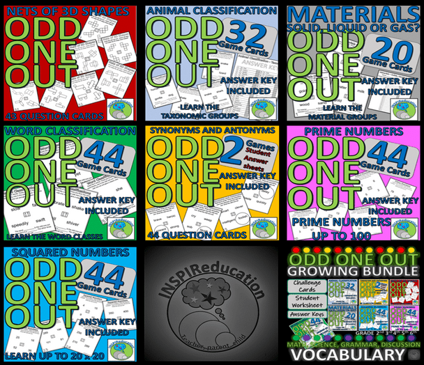 Science, Math and ELA ODD ONE OUT Card Games BUNDLE, Download, print and Go (Answer Keys included)