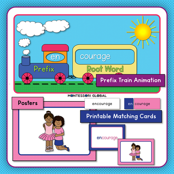 This free product includes a PowerPoint Presentation to introduce the prefix - en, as well as Boom Cards, printable Montessori matching cards and posters. The presentation has a fun prefix train animation to develop understanding of the function of prefixes.

This product is part of a Prefix series. Please see links below for more in this series

Included:

PowerPoint Presentation
Matching Cards
Posters
Boom Card Link – This link page is in the card material PDF document
Prefix Train animation.