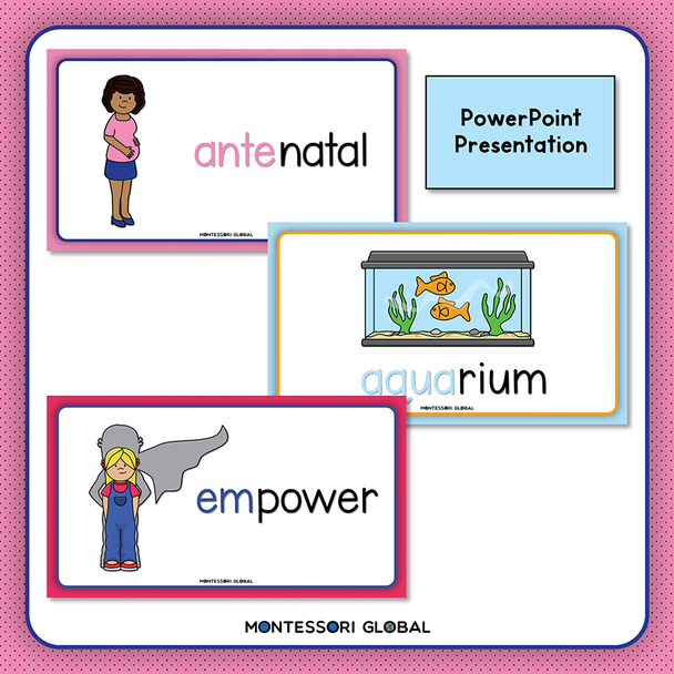 Use a PowerPoint Presentation to introduce the prefixes - em, mid, ante, and aqua. Follow up with Boom Cards and printable Montessori matching cards and Posters. Includes a prefix train animation to understand the function of prefixes.

 

Included:

PowerPoint Presentation
Matching Cards
Posters
Boom Card Link – This link page is in the card material PDF document
Prefix Train animation.
 