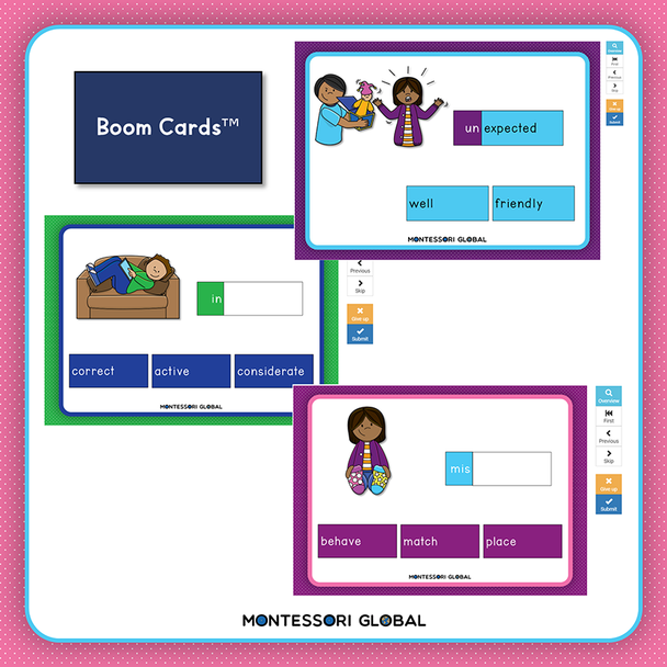 Introduce the prefixes de, dis, il, im, ir, in, mis, and un with these PowerPoint Presentations. Follow up with Boom Cards and printable Montessori matching cards and Posters. Includes prefix train animations to develop understanding of the function of prefixes.

Included:

PowerPoint Presentations
Matching Cards
Posters
Boom Card Links – This link page is in the card material PDF document
Prefix Train animations.