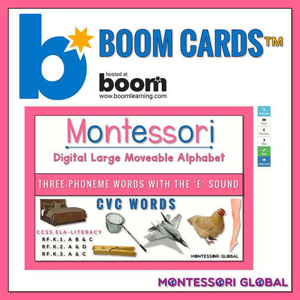 This digital Montessori Large Moveable Alphabet focuses on decoding 3-letter CVC words with the “e” vowel sound and is available in 2 different digital formats:

 

1. PowerPoint Presentation

2. Boom Cards™