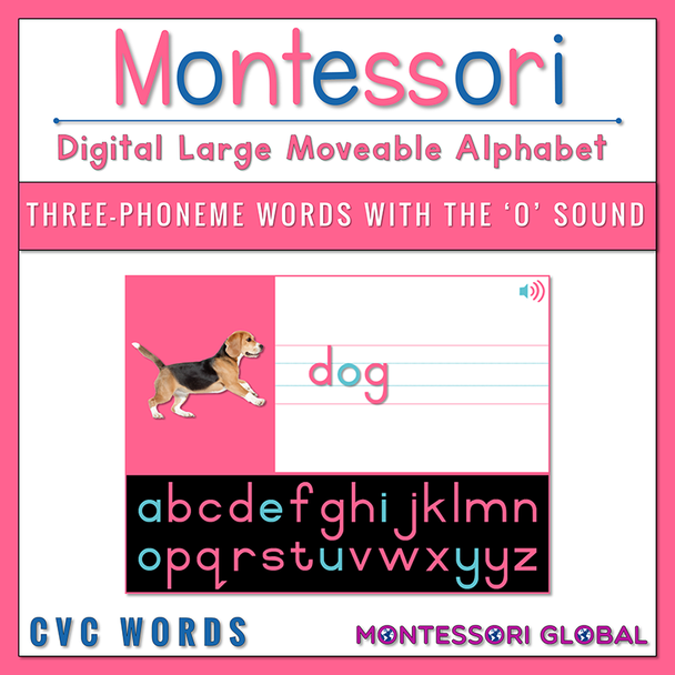 This digital Montessori Large Moveable Alphabet focuses on decoding 3-letter CVC words with the “o” vowel sound and is available in 2 different digital formats:

 

1. PowerPoint Presentation

2. Boom Cards™