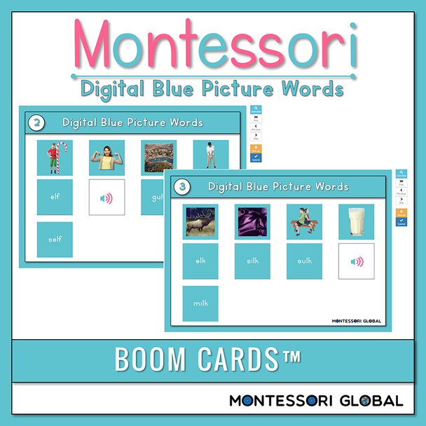 Practice reading words with final consonant blends with these Montessori Blue Picture Word Card Boom Cards™ for distance learning and home schools.