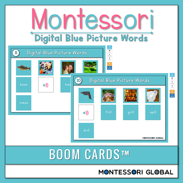 Practice reading words with final double consonants with these Montessori Blue Picture Word Card Boom Cards™ for distance learning and home schools.
