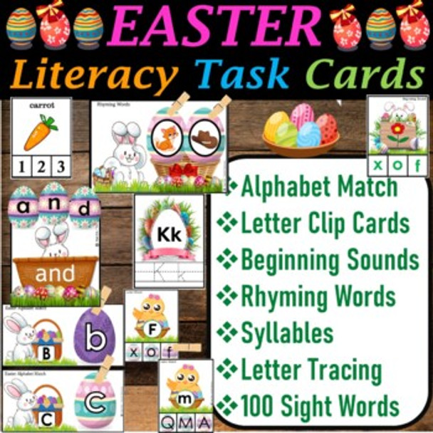 Easter Literacy & Math Centers Task Cards, Easter Activities Bundle