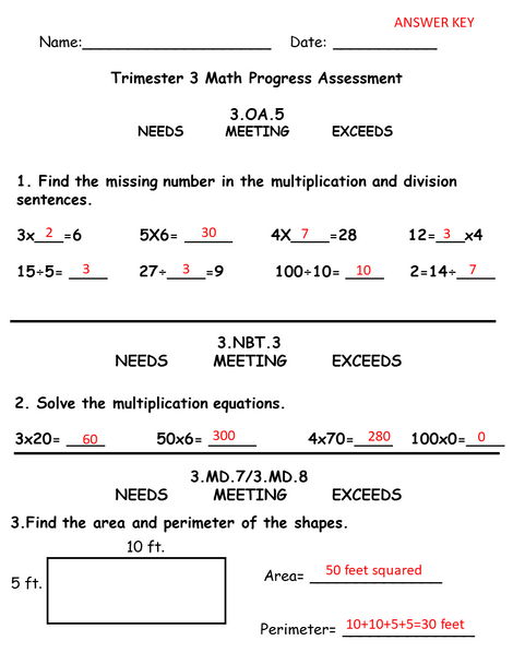 Third Grade Standards based math assessment Bridges Trimester 3