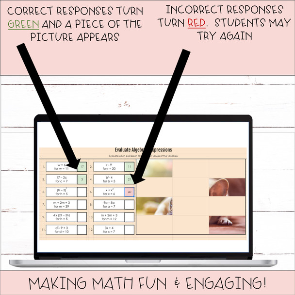 Evaluate Algebraic Expressions Digital Mystery Picture Activity