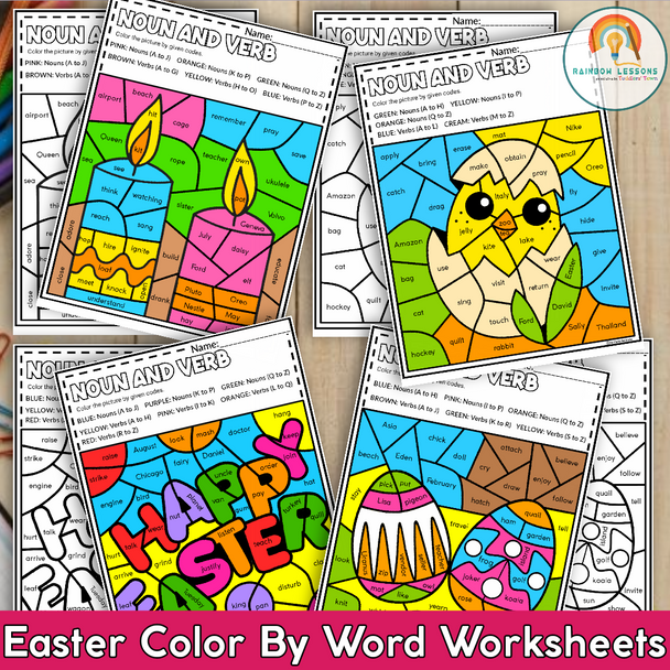Easter Color By Code | Easter Coloring Sheets | Noun and Verb Sort | Easter Worksheets 