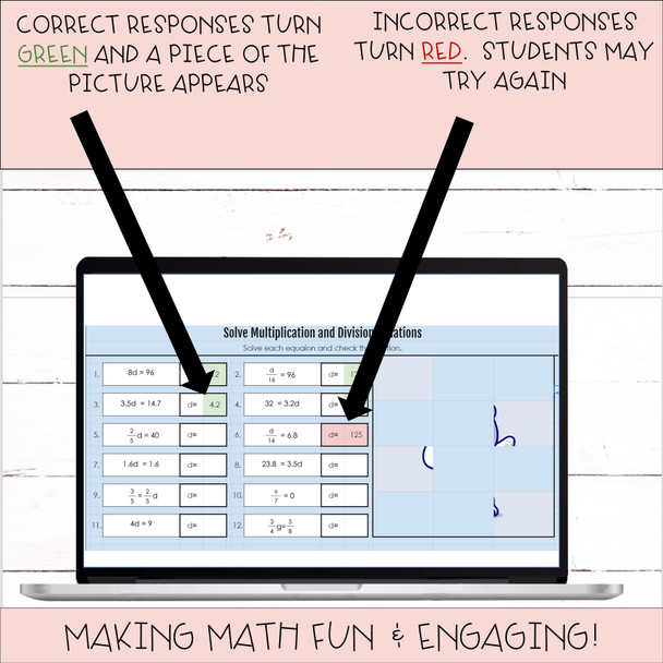 Solve One Step Multiplication and Division Equations of Rational Numbers Digital Mystery Picture Activity