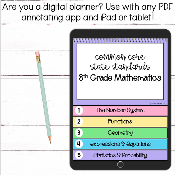 Digital 8th Grade Math Common Core State Standards Checklist Flipbook - Pastel Bright Version