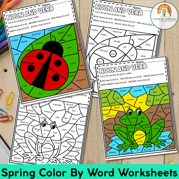 Spring Color By Code | Spring Coloring Pages | Noun and Verb Sort | Spring Morning Work