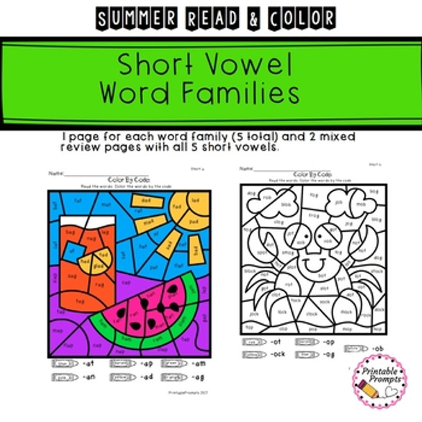 Summer Color By Code Phonics - Short Vowels