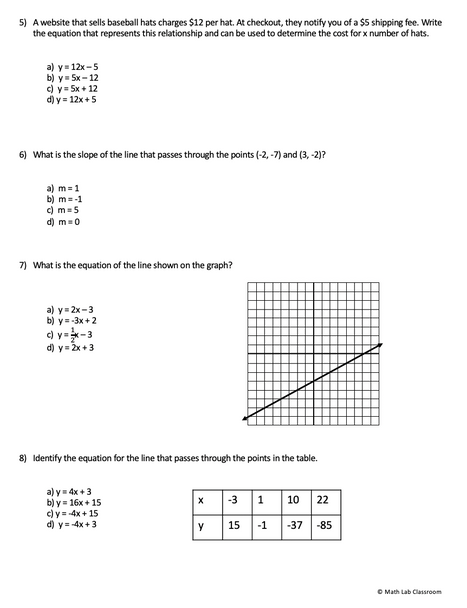 linear equations unit test, linear functions assessment, slope assessment
