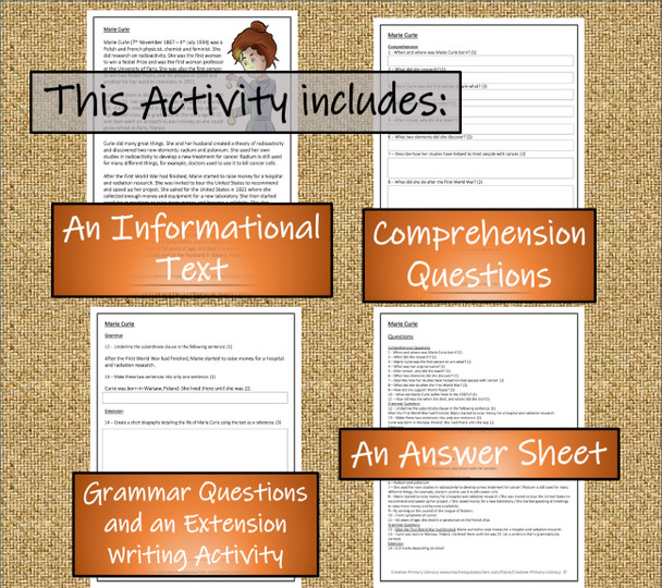 Marie Curie Grade Close Reading Activity | 5th Grade & 6th Grade