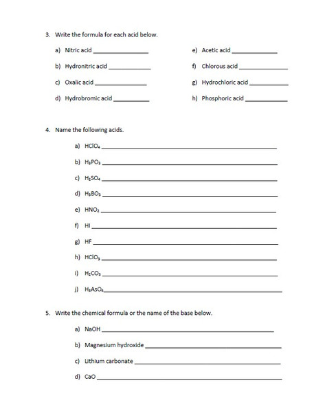 Acid and Base Naming and Formula Writing Worksheet Set 