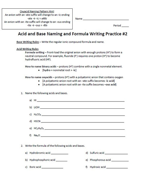 Acid and Base Naming and Formula Writing Worksheet Set 