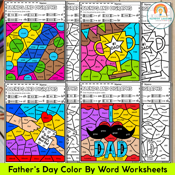 Fathers Day Coloring Pages | Fathers Day Color By Code | Blends and Digraphs