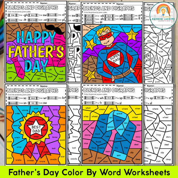 Fathers Day Coloring Pages | Fathers Day Color By Code | Blends and Digraphs