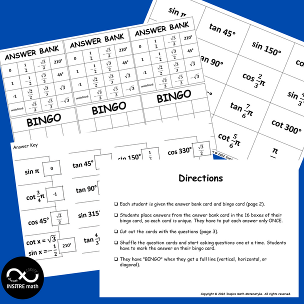 FREE Unit Circle Bingo Trigonometry Math Game Evaluating Trig Functions