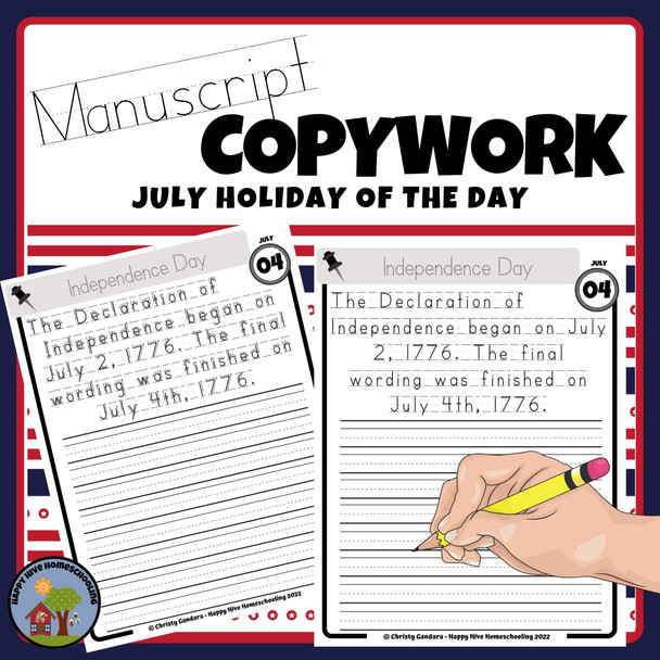 July Copywork Printables - Manuscript