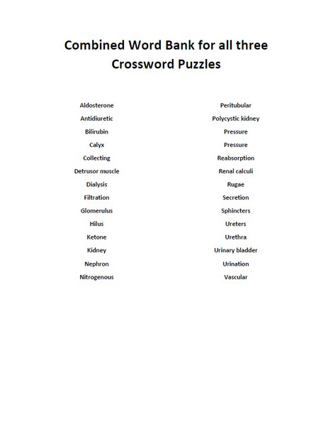 Urinary System Crossword Puzzle Series