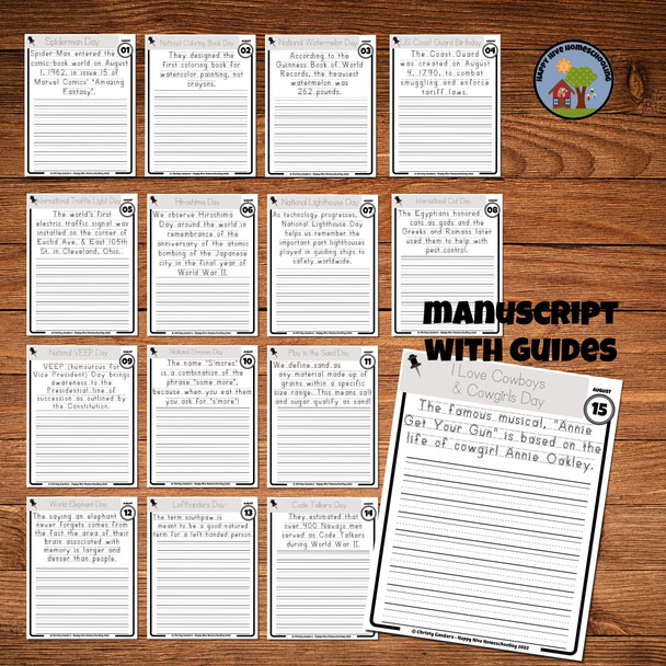 August Copywork Printables - Manuscript