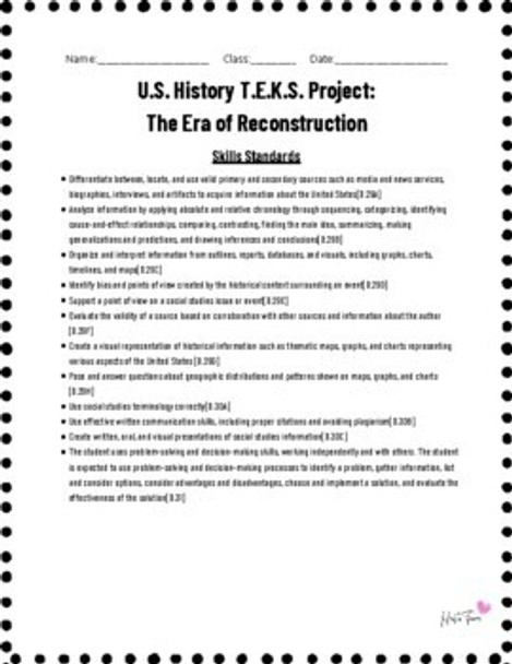 8th Grade American History TEKS Project: The Reconstruction Era