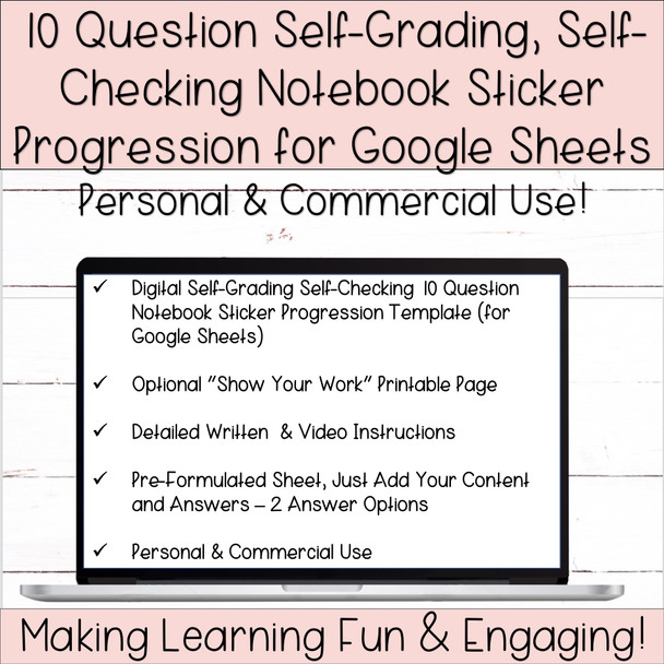 10 Question Self-Grading Self-Checking Notebook Sticker Progression Template for Google Sheets