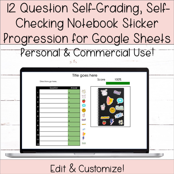 12 Question Self-Grading Self-Checking Notebook Sticker Progression Template for Google Sheets