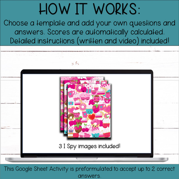 Template for Google Sheets - 12 Question - I Spy Digital Activity - Self-Grading Desserts/Sweets Edition